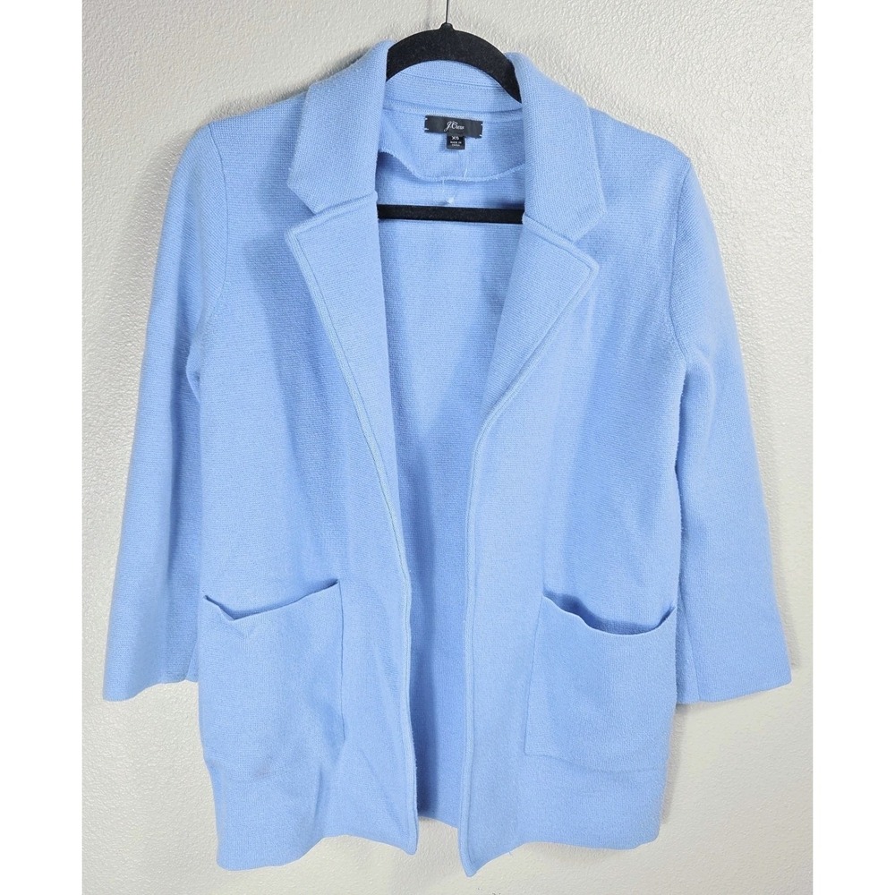 J.Crew Blue Merino Wool Blend Open Front Cardigan Blazer XS Pockets Soft Knit